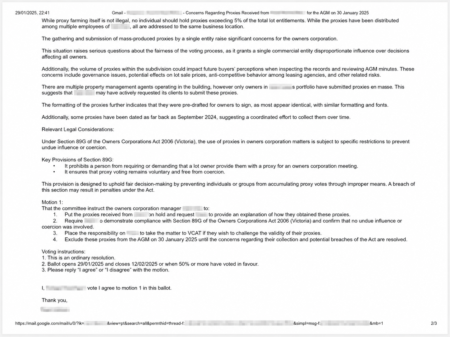 委员会邮件第2页中关于约200份代理权不计入 AGM 的 Motion 1 内容